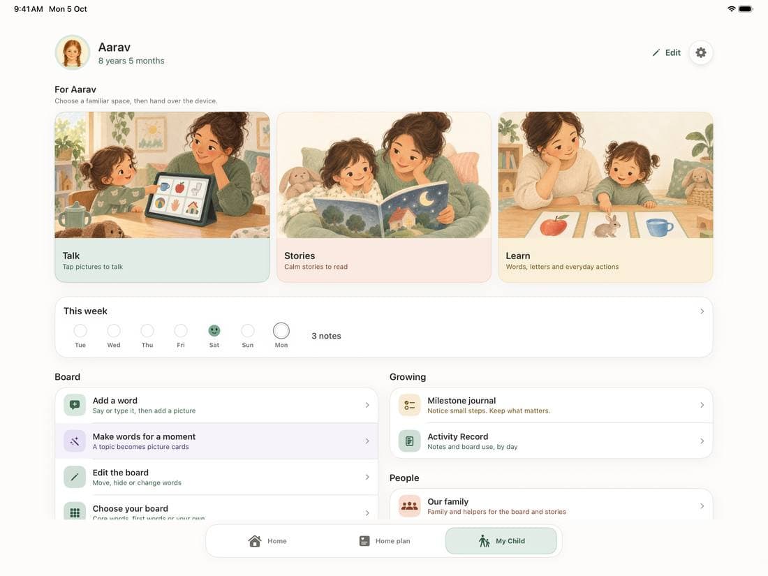 Autipal My Child on iPad: illustrated Talk, Stories and Learn cards, this week's notes, the milestone journal and Our family